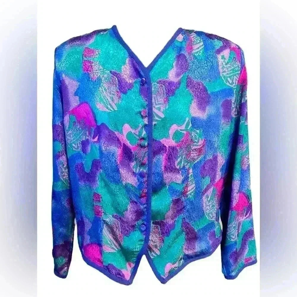 VTG Castleberry Womens Jacket Blazer Blue Purple Satin Button Down S/M - Picture 2 of 10